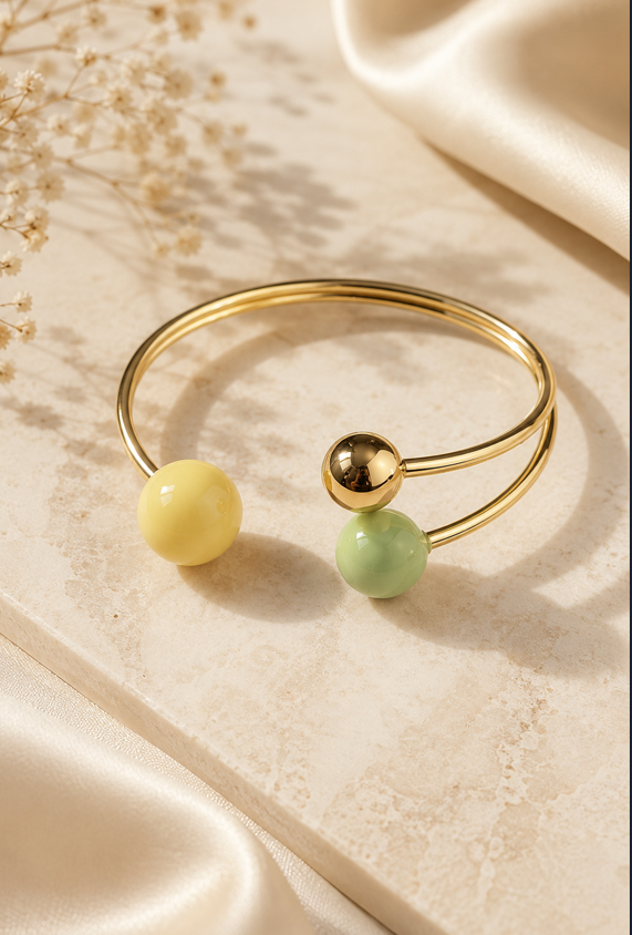 Elegant Gold Open Bangle Bracelet - Pastel Green & Yellow