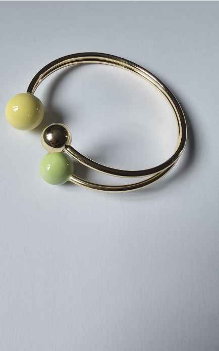 Elegant Gold Open Bangle Bracelet - Pastel Green & Yellow