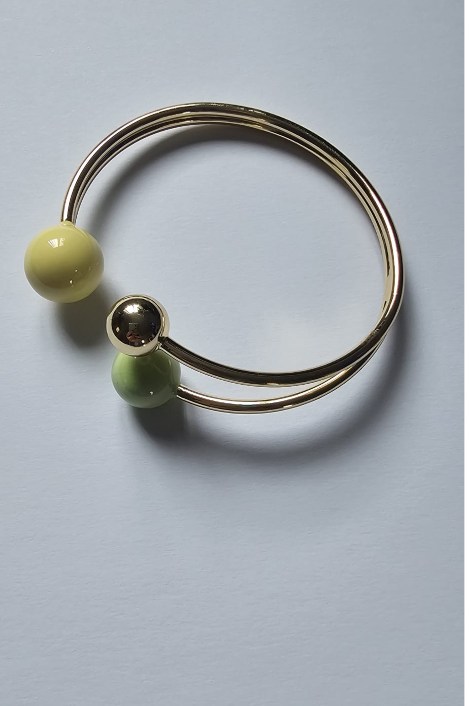 Elegant Gold Open Bangle Bracelet - Pastel Green & Yellow