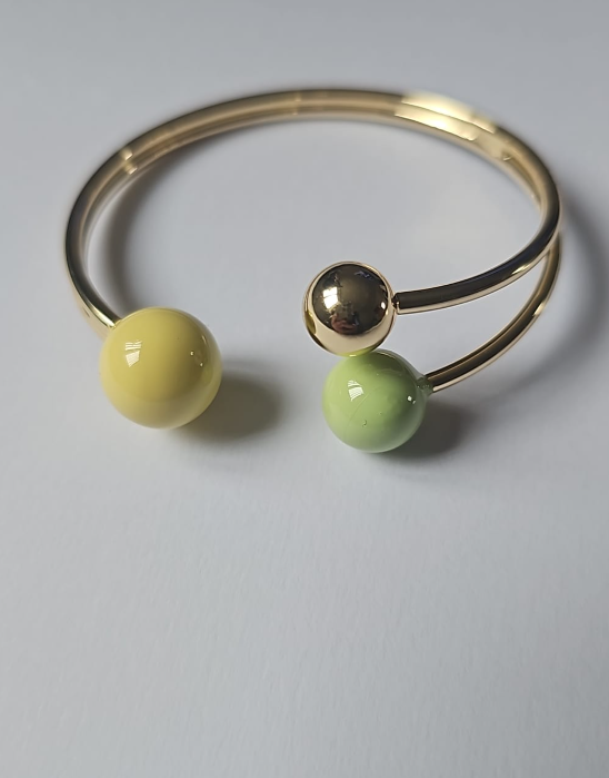 Elegant Gold Open Bangle Bracelet - Pastel Green & Yellow