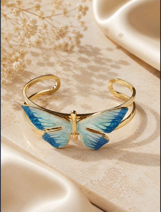 Elegant Gold Butterfly Cuff Bracelet - Blue Enamel