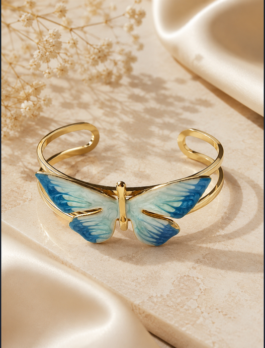 Elegant Gold Butterfly Cuff Bracelet - Blue Enamel