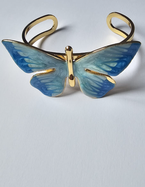 Elegant Gold Butterfly Cuff Bracelet - Blue Enamel