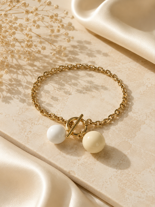 Elegant Gold Chain Bracelet with Ivory & White Charms - Stainless Steel 316L