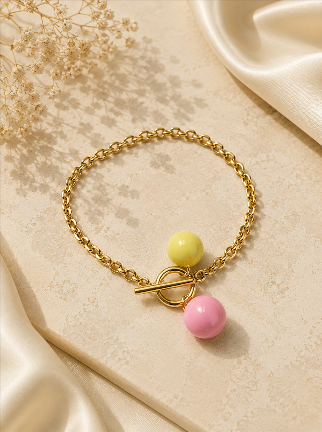Elegant Gold Charm Bracelet - Pink & Yellow Beads