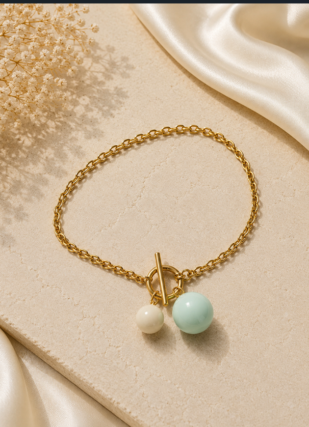 Elegant Gold Charm Bracelet –-Mint & Ivory Stainless Steel 316L